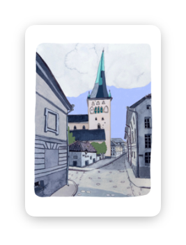 An illustration featured on the “Fuck - Tea-towels” depicts a tranquil street bordered by buildings, leading to a grand church crowned with a tall green spire beneath a blue sky streaked with gentle clouds. The empty, peaceful atmosphere embodies the serene stillness often associated with decorative tea-towels. Gate21.ee