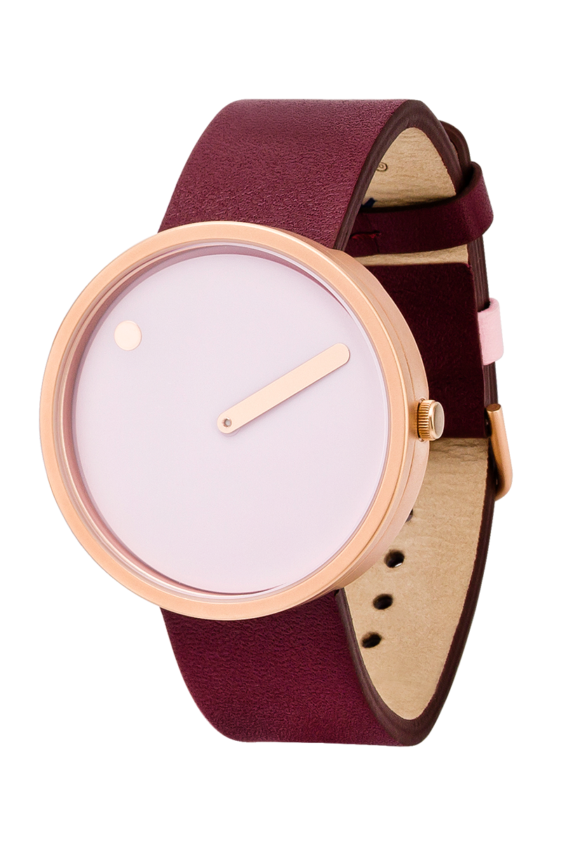 The Dusty Rose Pink / Burgundy / 40mm PICTO watch has a round gold case, blank white face with a single gold hand and dot, and a burgundy leather strap—showcasing minimalist design and pure simplicity. Gate21.ee