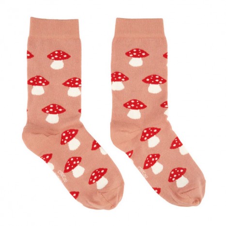 The Mushroom - Cotton Socks by Coucou Suzette are pink cotton socks with a repeating red and white mushroom pattern, shown laid out side by side to clearly display the design. Gate21.ee
