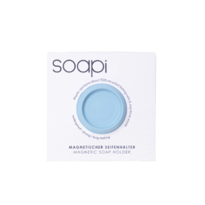 The Soapi - Light Blue magnetic soap holder, in white packaging labelled "soapi," is waterproof, durable, and strong. Made from around 90% recycled fishing nets, it’s an eco-friendly way to organise your soap. Gate21.ee