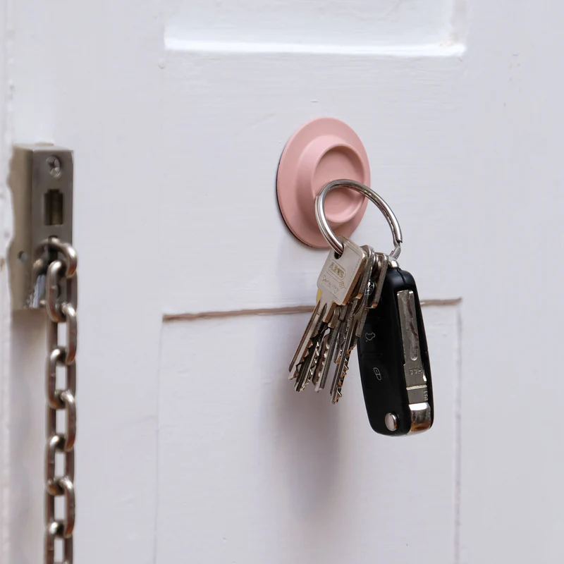 A set of keys and a black car key fob hang from an off-white Soapi holder attached to a white door. A door chain and strike plate are visible on the left side of the door. Gate21.ee