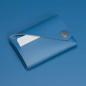 A LEMUR - Blue wallet with a silver button fastening rests on a blue surface, its sleek design visible as a white card peeps out from inside. Gate21.ee