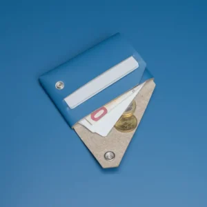 The LEMUR – Blue Wallet, envelope-style, is open to display cards and coins inside. It rests on a plain blue background. Gate21.ee