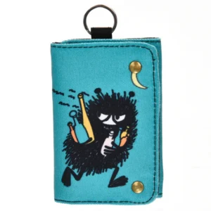 The Moomin Wallet – Stinky’s Getaway features a teal design with Stinky, the black furry creature, holding a bottle and glass under a crescent moon. It includes two metal press studs and a top key ring—ideal for attaching Moomin keyrings. Gate21.ee