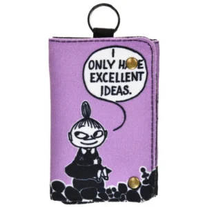 The Moomin Wallet - Little My Idea is a purple wallet featuring Little My sitting and smirking with a speech bubble, "I ONLY HAVE EXCELLENT IDEAS." It has a metal popper, top keyring, and pairs perfectly with Moomin keyrings. Gate21.ee