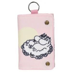 The Moomin Wallet - Trolls Up in the Clouds is a pink fabric wallet with metal press studs, featuring two hippo-like characters on a cloud and a metal keyring for attaching Moomin keyrings. Gate21.ee