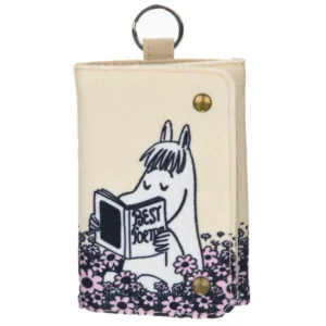 The Moomin Wallet - Snorkmaiden Reading is a beige fabric wallet with brass poppers, showing Snorkmaiden among pink flowers reading "Best Sort of." It doubles as a cute keyring, with a metal keyring on top for easy carrying. Gate21.ee
