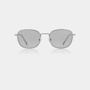A pair of HELLO - Gun Metal A. Kjærbede sunglasses with thin frames and grey-tinted rectangular lenses, displayed against a plain light grey background. Gate21.ee
