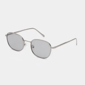 A pair of HELLO - Gun Metal rectangular silver-framed sunglasses with grey tinted lenses, displayed at a slight angle on a plain white background. Gate21.ee