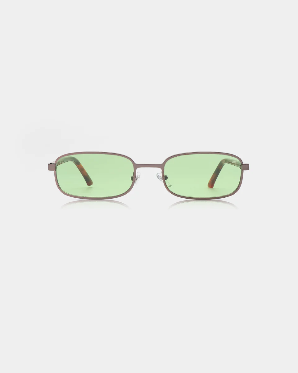The NOAH - Gun Metal Havana sunglasses by A. Kjærbede feature a rectangular shape, thin gun metal frames, and light green tinted lenses, displayed against a plain white background. Gate21.ee