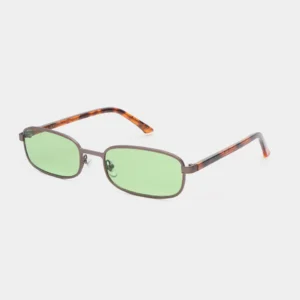 The NOAH - Gun Metal Havana sunglasses by A. Kjærbede feature rectangular light green tinted lenses, slim dark metal frames, and brown marbled arms, displayed against a plain white background. Gate21.ee