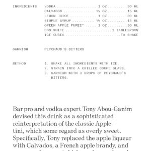 The Cocktail Cabinet: Vodka recipe card for “Apple Blossom” showcases vodka, Calvados, lemon juice, simple syrup, green apple purée, and ice as ingredients, with garnish instructions and creator info in a stylish format. Gate21.ee