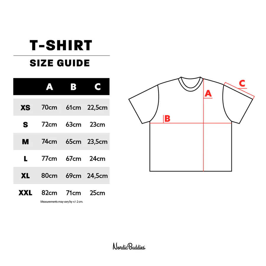 Moomin Ts - Black size guide with measurements for XS–XXL. Columns A, B, and C show shirt width, length, and sleeve with a diagram marking each. Measurements may vary by 2 cm. Gate21.ee