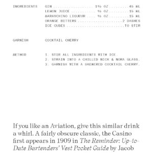 A cocktail recipes page for the Casino drink from The Cocktail Cabinet: Aperitif, with ingredients, garnish, and method. Includes a history note and suggests Old Tom or London Dry gin. Simple design: white background, black text. Gate21.ee