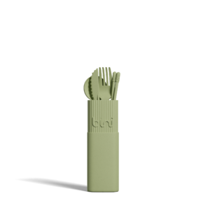 The Bini Cutlery Kit - Olive is a green portable utensil set with a matching rectangular case, including a spoon, fork, knife, and chopsticks, shown upright against a plain white background. Gate21.ee