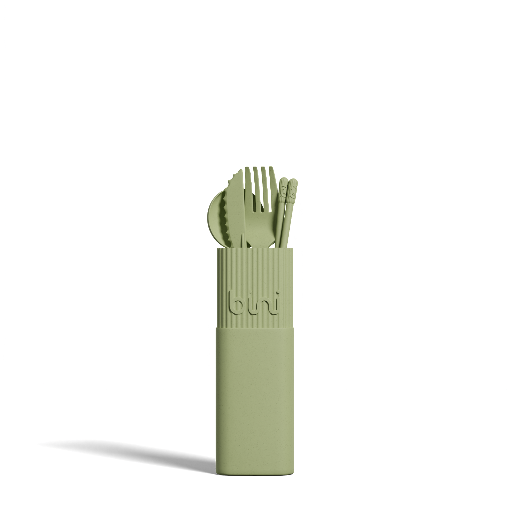 The Bini Cutlery Kit - Olive is a green portable utensil set with a matching rectangular case, including a spoon, fork, knife, and chopsticks, shown upright against a plain white background. Gate21.ee