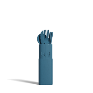 Introducing the Bini Cutlery Kit - Sky Blue: a portable and stylish collection that includes a fork, knife, spoon, straws, and chopsticks. Each utensil is partially visible and stands upright in its matching sky blue case against a plain white background. Gate21.ee