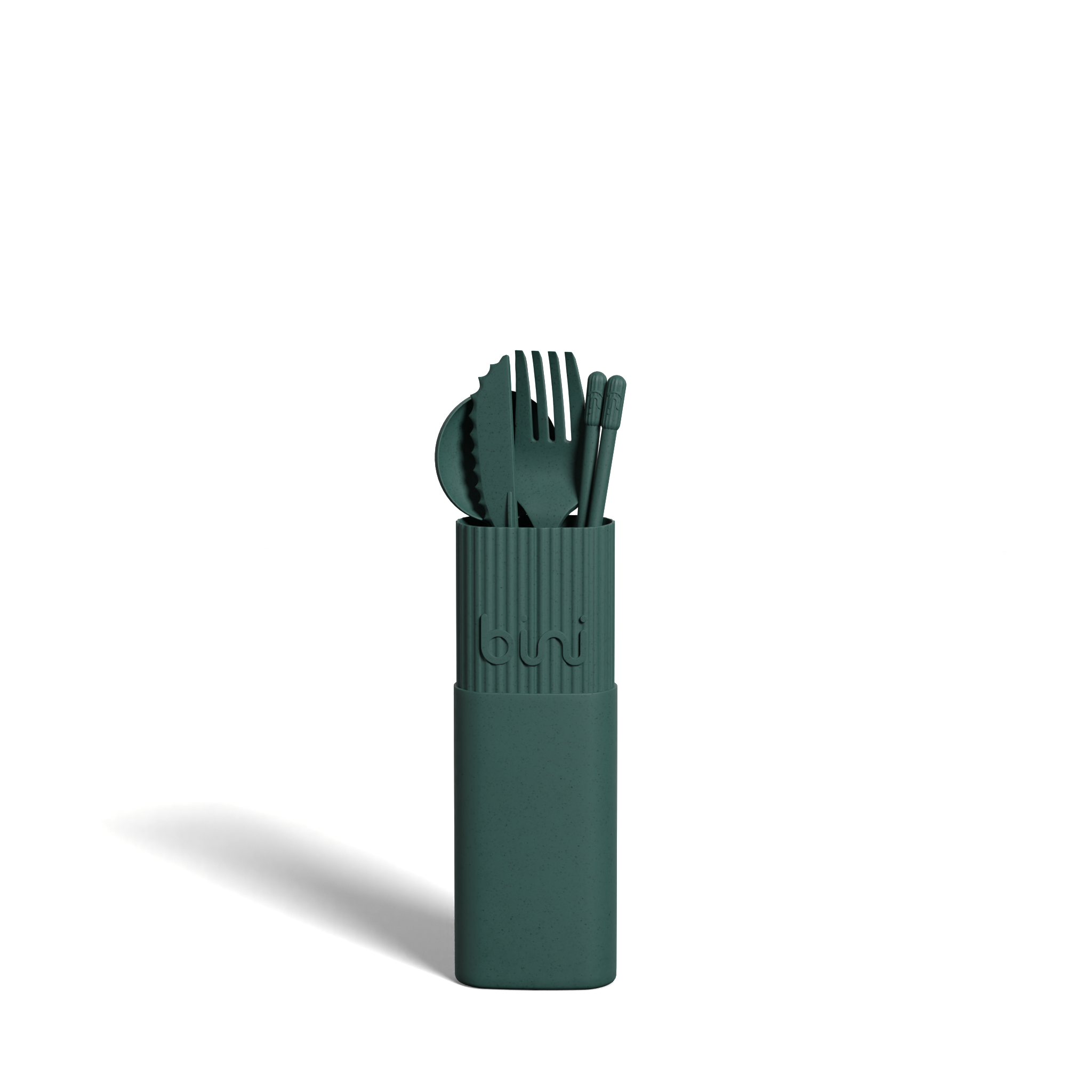 The Bini Cutlery Kit - Green features a dark green portable set with spoon, fork, knife, and chopsticks in a matching rectangular case, shown upright against a plain white background. Gate21.ee