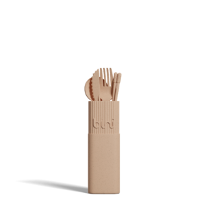 The Bini Cutlery Kit - Nude features a beige, rectangular textured container with "byni" embossed on the front, holding a reusable fork, spoon, knife, and two chopsticks. Set against a plain white background. Gate21.ee