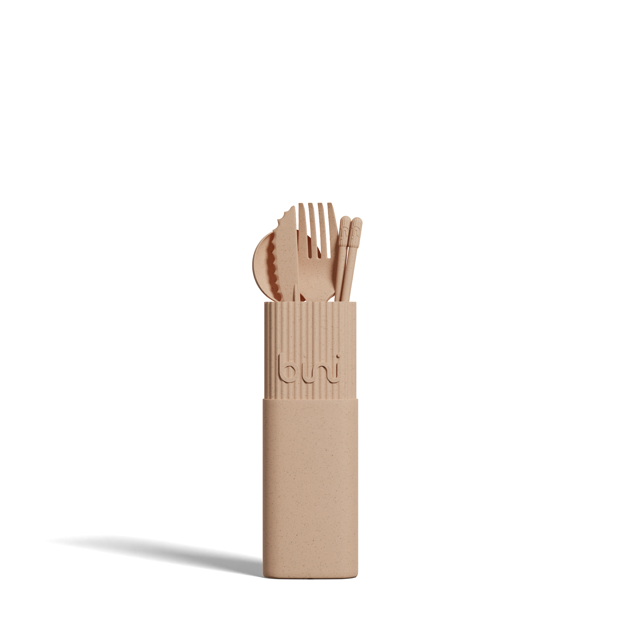 The Bini Cutlery Kit - Nude features a beige, rectangular textured container with "byni" embossed on the front, holding a reusable fork, spoon, knife, and two chopsticks. Set against a plain white background. Gate21.ee