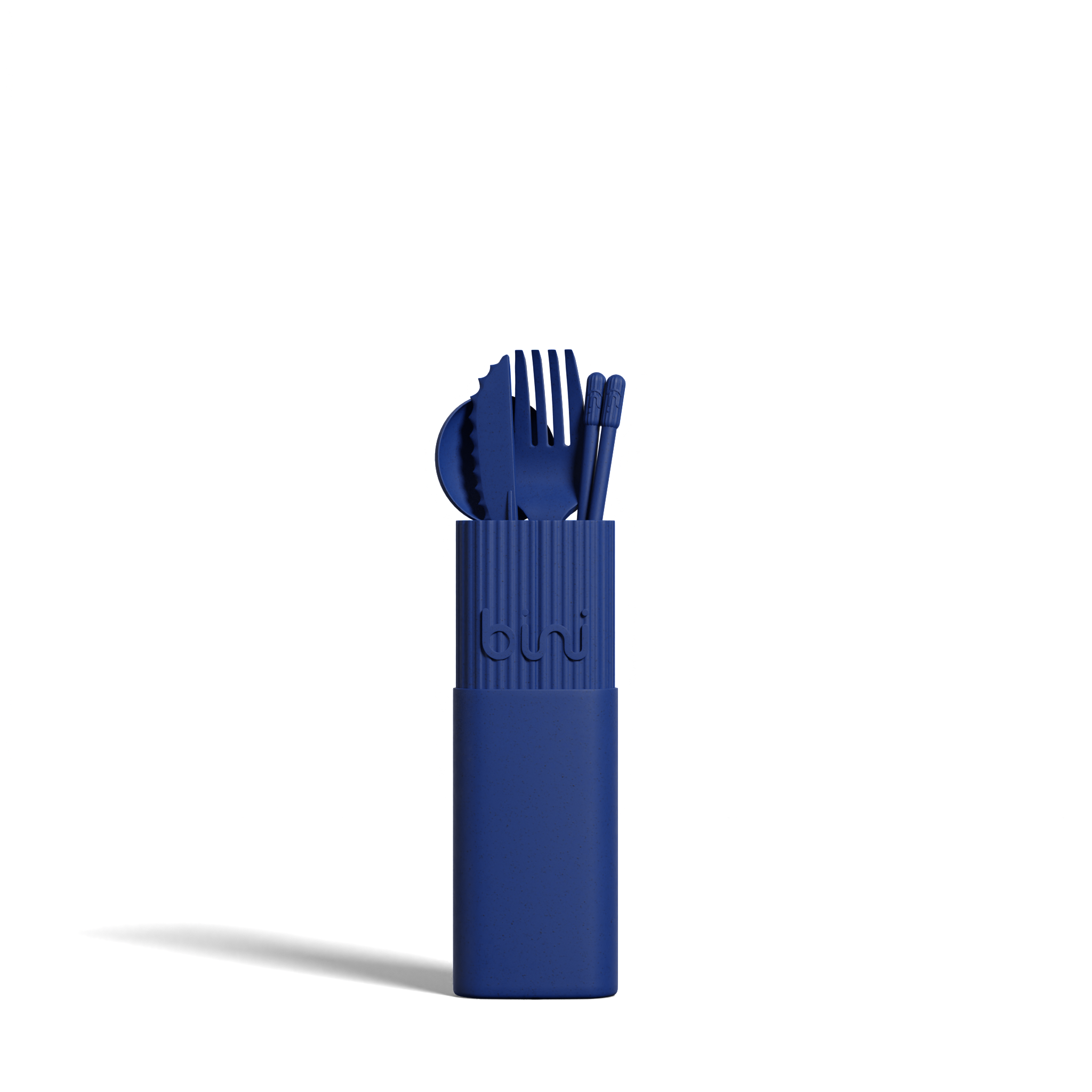 The Bini Cutlery Kit - Night features blue reusable utensils—fork, knife, spoon, and chopsticks—neatly arranged in a matching rectangular case, standing upright against a plain white background. Gate21.ee