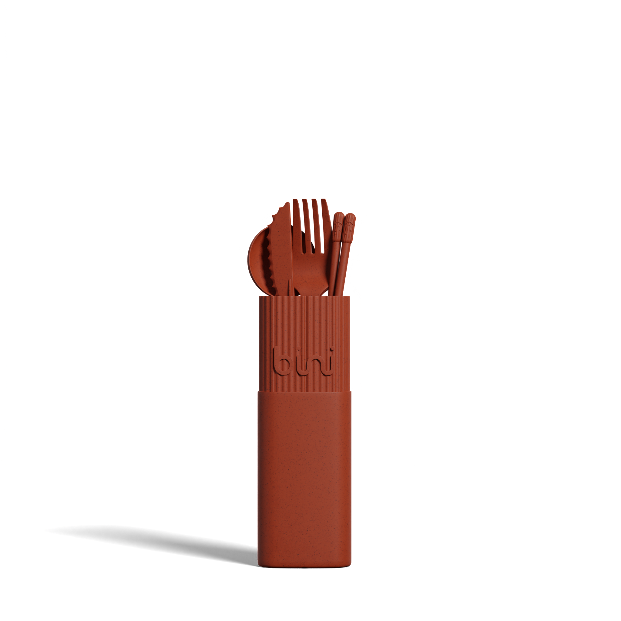 The Bini Cutlery Kit - Terracotta features a rust-coloured, portable set with a fork, spoon, knife, and chopsticks standing upright in a matching rectangular case against a plain white background. Gate21.ee