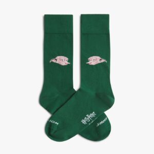 The Harry Potter - Dobby socks by Jimmy Lion are green with Dobby the house-elf embroidered near the ankles and “Harry Potter” and “JIMMY LION” white logos on the soles. Gate21.ee