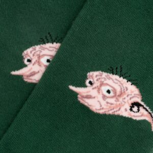 The green Harry Potter - Dobby Jimmy Lion socks feature a cartoonish pink face with a large nose, wide eyes, and sparse black hair near the ankle on each sock. Gate21.ee