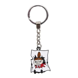 The Moomin Keyring - Little Me features a metal keyring with a chain and flat charm of Little My with glasses, red collar, and brown hair on a jagged white base—ideal for Moomin fans. Gate21.ee