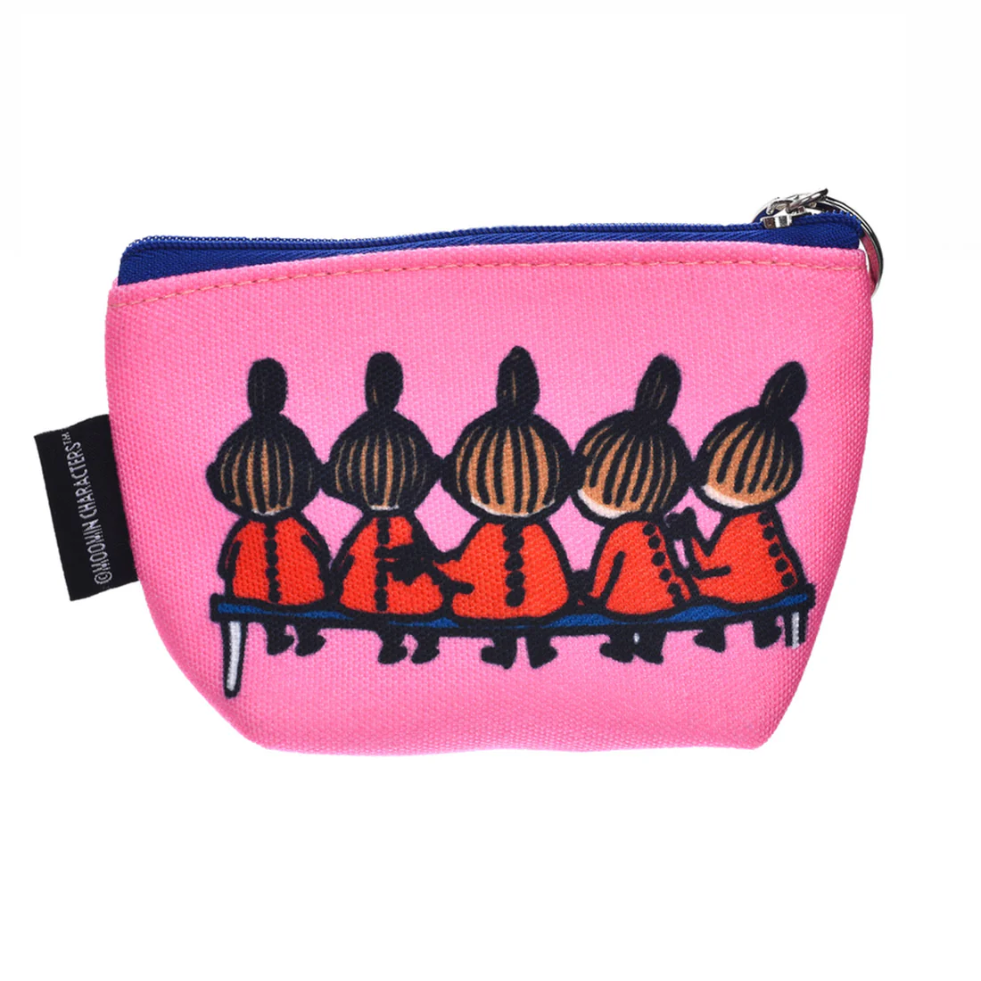 The Moomin Coin Purse - Little My Multi is a small pink zippered pouch with five identical Little My characters, brown hair in buns, red outfits, sitting on a blue bench—perfect for storing your Moomin keyrings. Gate21.ee