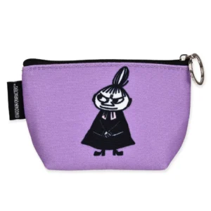 The Moomin Coin Purse - Little My is a small lavender zippered pouch with a keyring, featuring Little My in a black outfit with arms crossed and a stern look. A black tag with white text is attached&mdash;ideal for Moomin fans. Gate21.ee