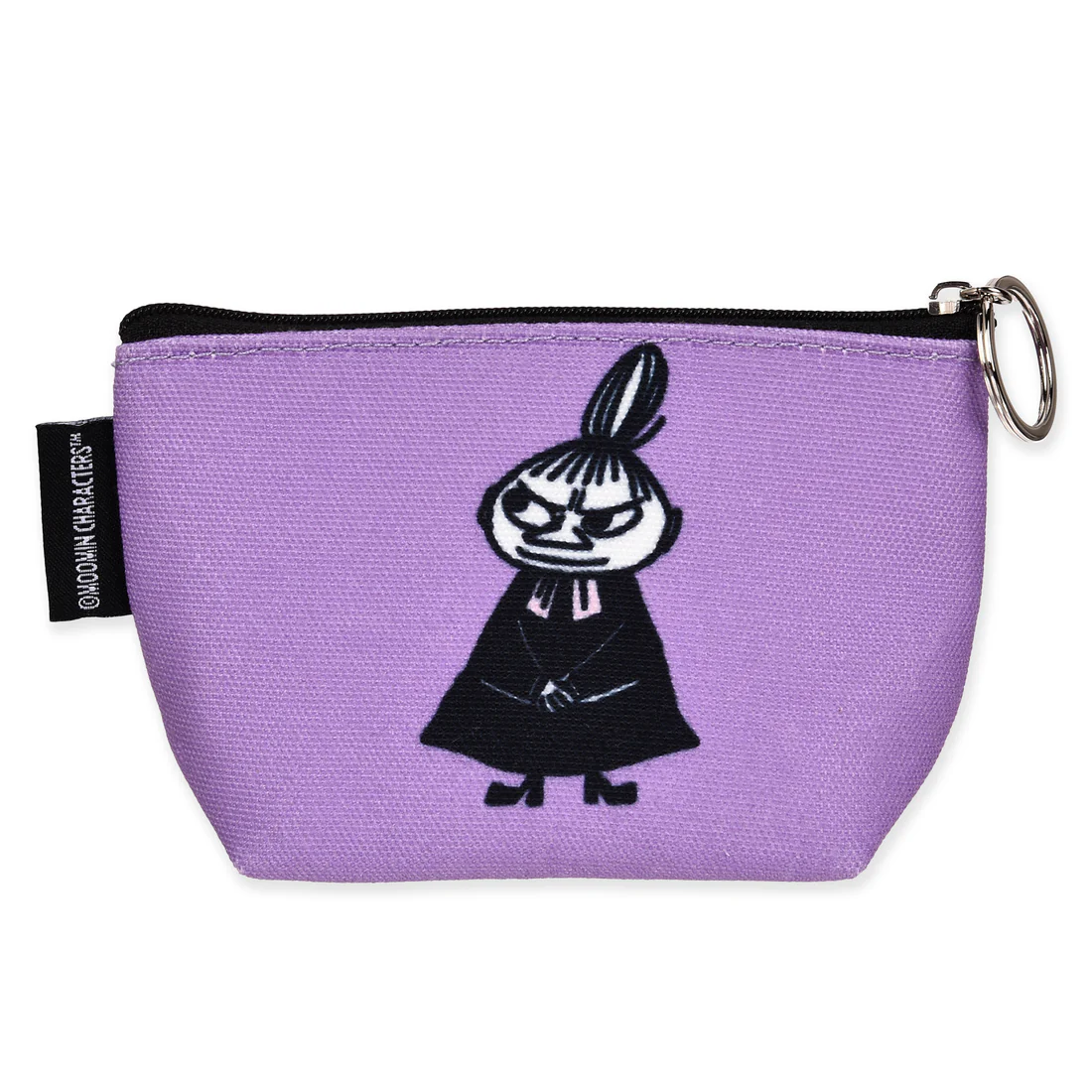 The Moomin Coin Purse - Little My is a small lavender zippered pouch with a keyring, featuring Little My in a black outfit with arms crossed and a stern look. A black tag with white text is attached—ideal for Moomin fans. Gate21.ee