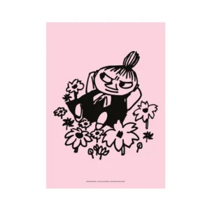 A black and white cartoon character with a topknot relaxes among large flowers on a solid pink background, echoing the whimsical style of the Moomin Poster - Troll Temper. Gate21.ee