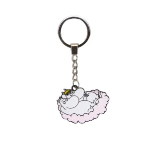 The Moomin Keyring - Love Buddies features a metal charm of the white, hippopotamus-like Moomin character lying on its back in a fluffy pink cloud, attached by a short chain. Gate21.ee