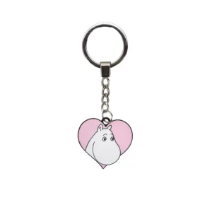 The Moomin Keyring - Troll Heart features a metal keyring with a chain and a pink heart-shaped charm displaying a white cartoon character’s face—ideal for Moomin fans. Gate21.ee