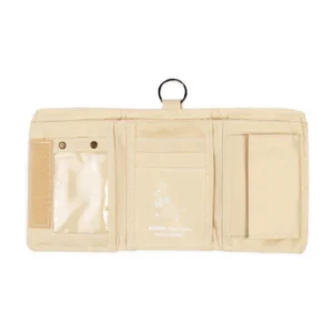 The Moomin Wallet - Trolls Up in the Clouds is a beige trifold with centre card slots, a left transparent pocket with press studs, a right flap pocket, and a top metal ring for attaching your favourite Moomin keyrings. Gate21.ee