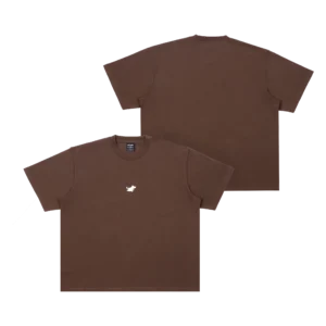 Two chocolate Moomin Heavy Ts are displayed on a white background, one showing the front with a small white embroidered graphic on the left chest, and the other showing the plain back. Gate21.ee