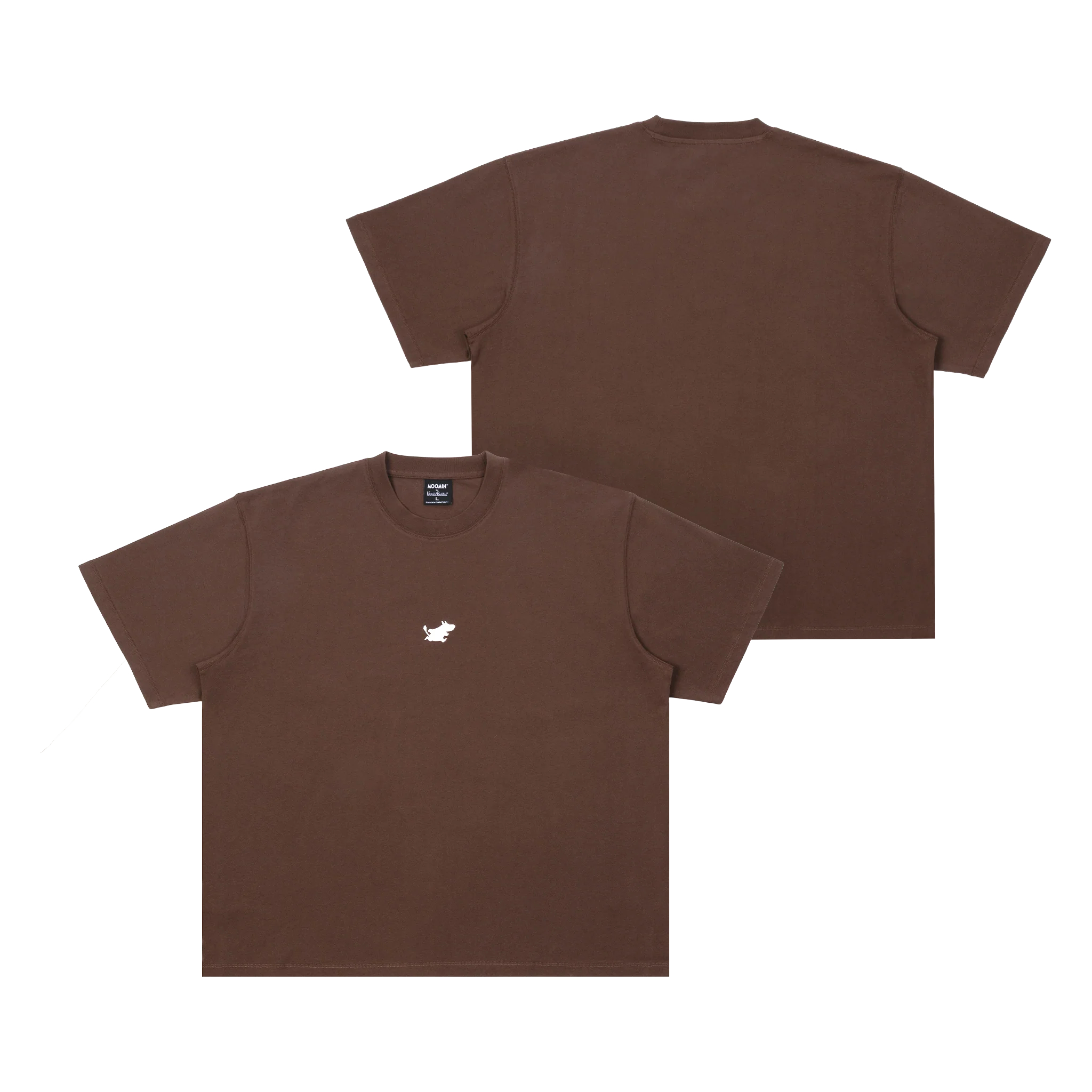 Two chocolate Moomin Heavy Ts are displayed on a white background, one showing the front with a small white embroidered graphic on the left chest, and the other showing the plain back. Gate21.ee