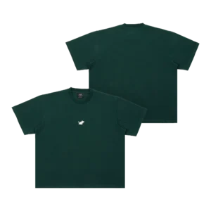 Front and back views of the Moomin Heavy Ts - Green. This dark green short-sleeve T-shirt features a small white embroidered graphic on the left chest, maintaining a minimal design with no additional visible logos or patterns. Gate21.ee