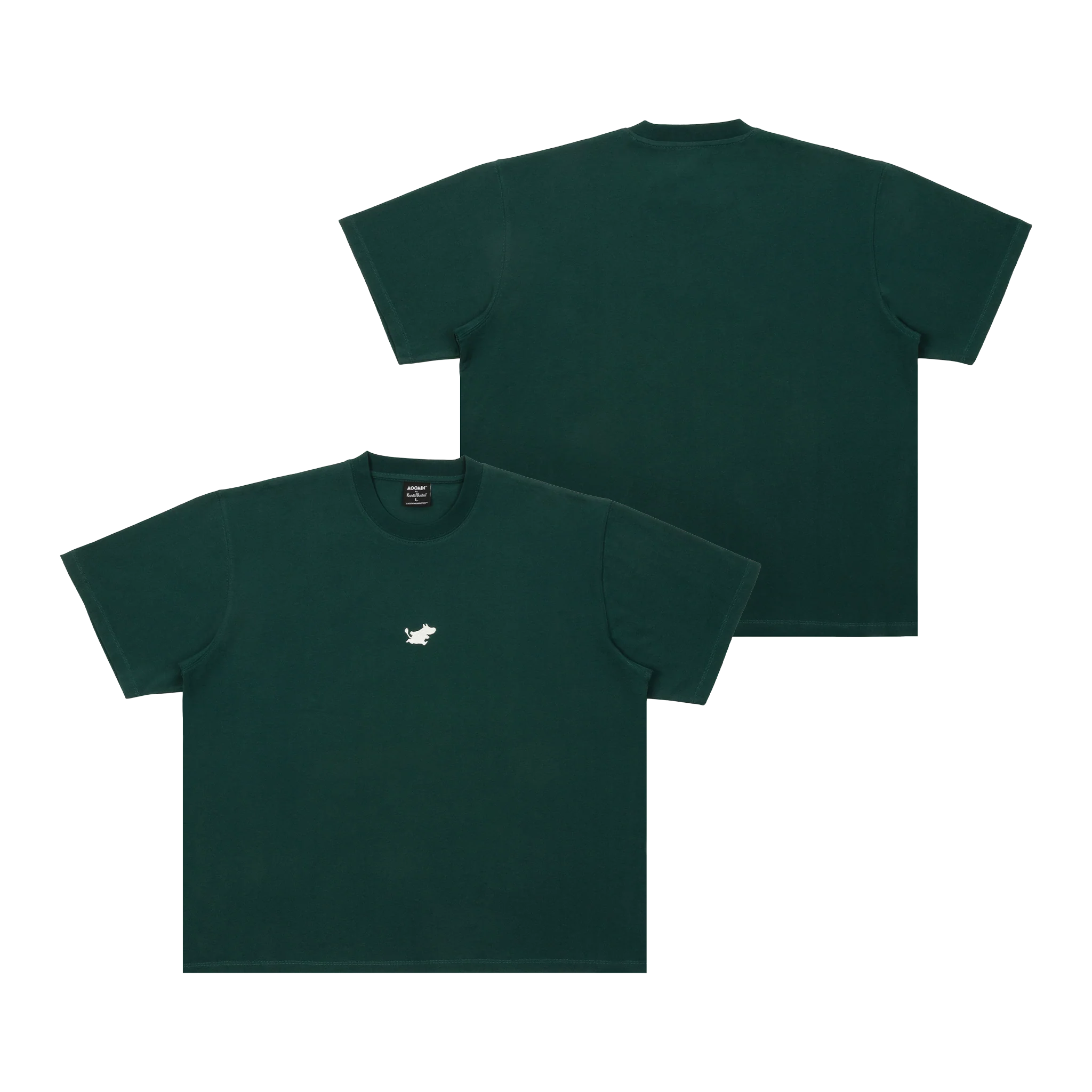 Front and back views of the Moomin Heavy Ts - Green. This dark green short-sleeve T-shirt features a small white embroidered graphic on the left chest, maintaining a minimal design with no additional visible logos or patterns. Gate21.ee