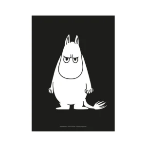 A white, round Moomin with a large snout and pointed ears stands angrily on a black background. Arms down and tufted tail, it resembles figures from popular Moomin keyrings. Product: Moomin Poster - Troll Temper. Gate21.ee