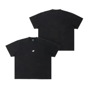 Front and back view of the Moomin Ts - Stone Wash Black. The front has a small white graphic on the left chest, whilst the back is plain black with no design or text. Gate21.ee