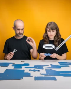 A man and woman in black shirts assemble blue metal parts of the LEMUR - Yellow Wallet at a table, using precision tools under a bright lamp, with a yellow background behind them. Gate21.ee