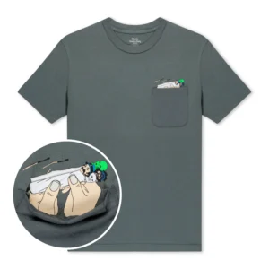 A charcoal short-sleeve t-shirt with a chest pocket. The pocket displays vivid Roll Me Up Tee - Charcoal artwork inspired by RIPnDIP, featuring a hand holding cartoon characters magnified in an inset. Gate21.ee