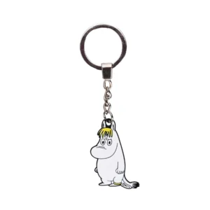 A metal keyring featuring a dangling Snorkmaiden charm, the beloved cartoon character from Moomin, with yellow hair and a white body—perfect for fans. Product: Moomin Keyring - Snorkmaiden. Set against a plain white background. Gate21.ee