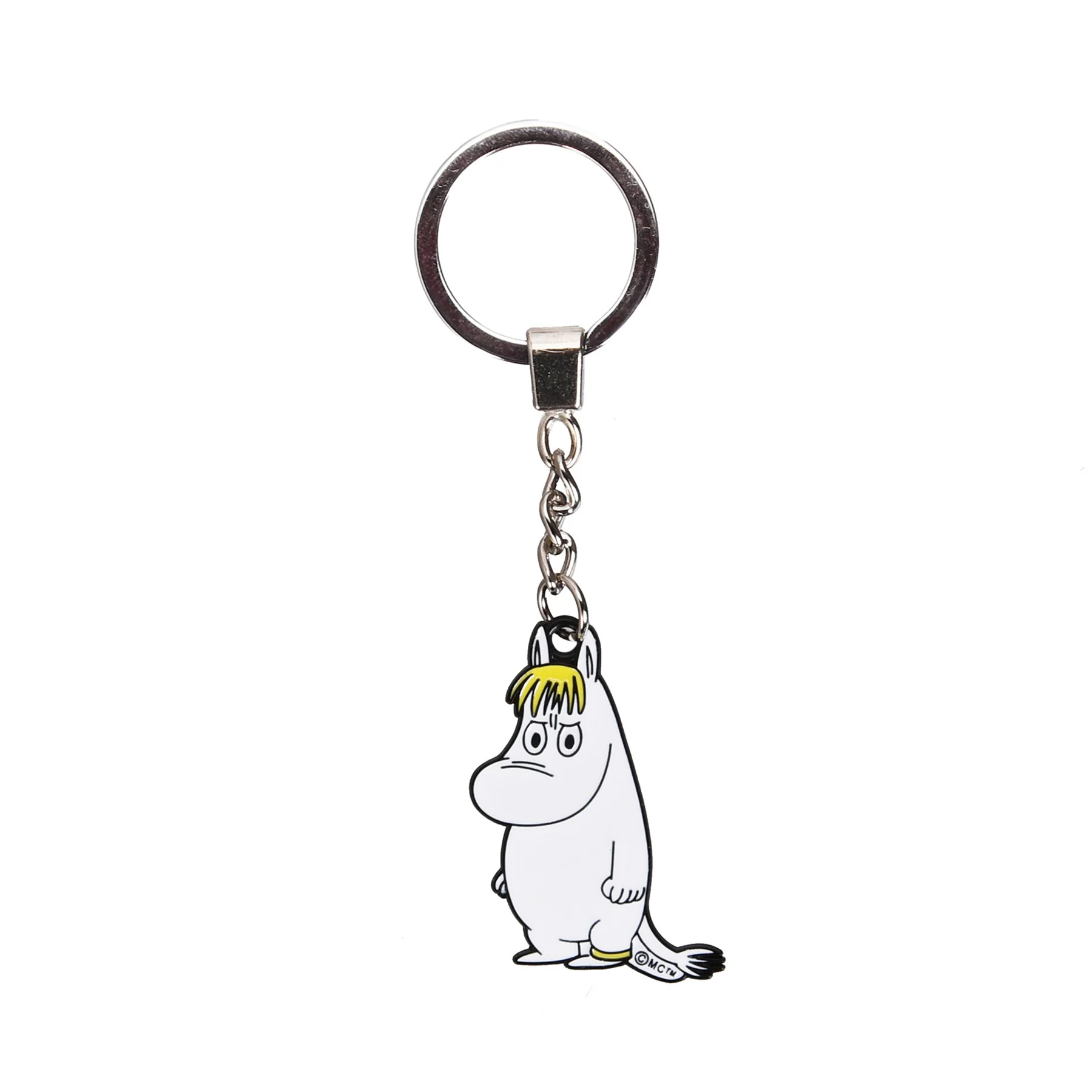 A metal keyring featuring a dangling Snorkmaiden charm, the beloved cartoon character from Moomin, with yellow hair and a white body—perfect for fans. Product: Moomin Keyring - Snorkmaiden. Set against a plain white background. Gate21.ee