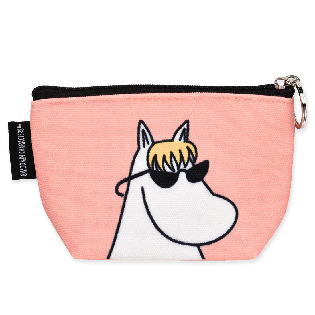The Moomin Coin Purse - Snorkmaiden is a small peach zippered pouch with a silver keyring, featuring Snorkmaiden’s white fur, blonde fringe, and black sunglasses. It has a black side tag with white text—perfect for Moomin fans. Gate21.ee