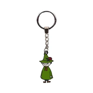 The Moomin Keyring - Snufkin features a metal charm of Snufkin with a green hat and coat, brown boots, red flower detail on the hat, glasses, and a neutral expression. Gate21.ee