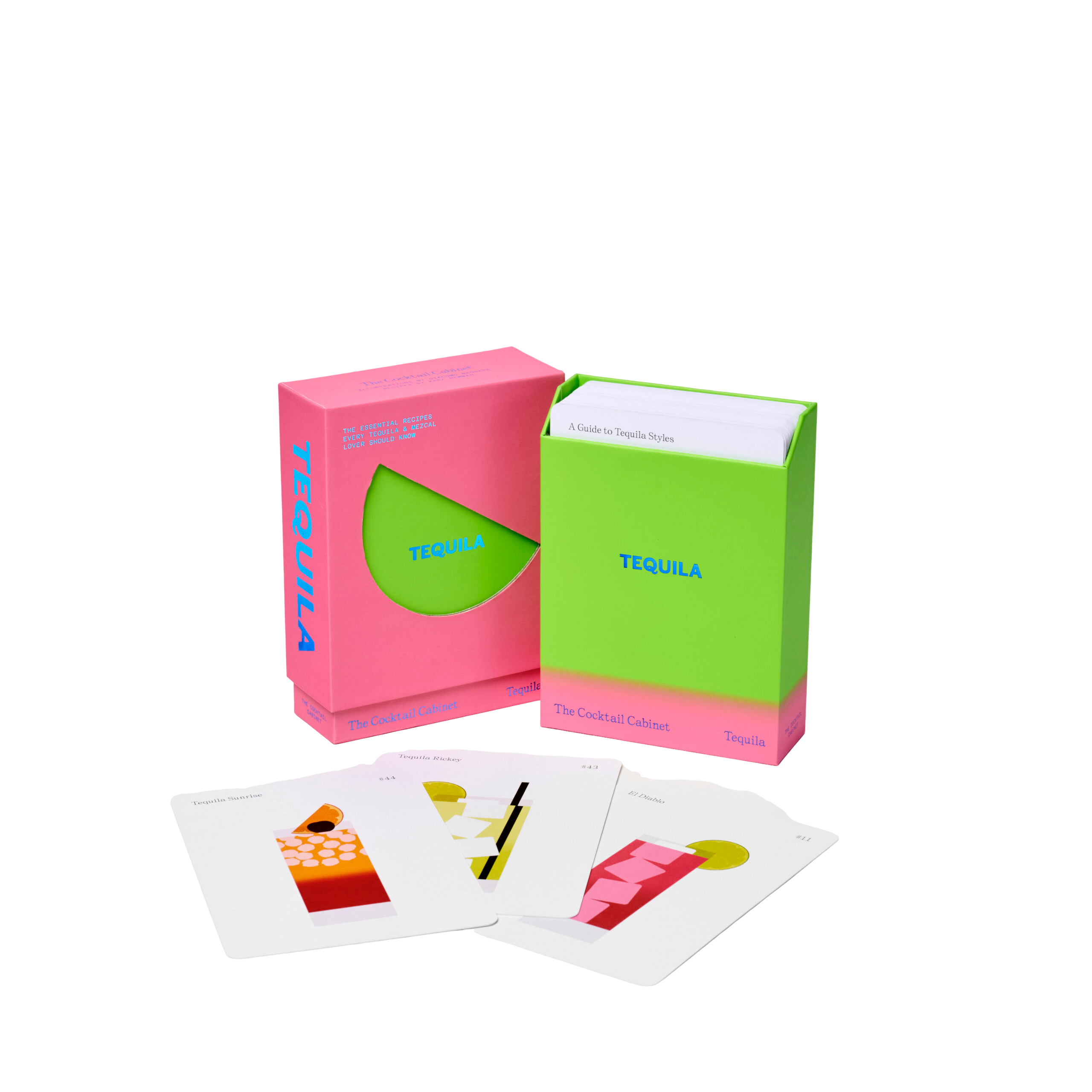 The Cocktail Cabinet: Tequila is shown with a pink and green box. Four vibrant recipe cards featuring colourful drink illustrations are spread out in front of the box. Gate21.ee