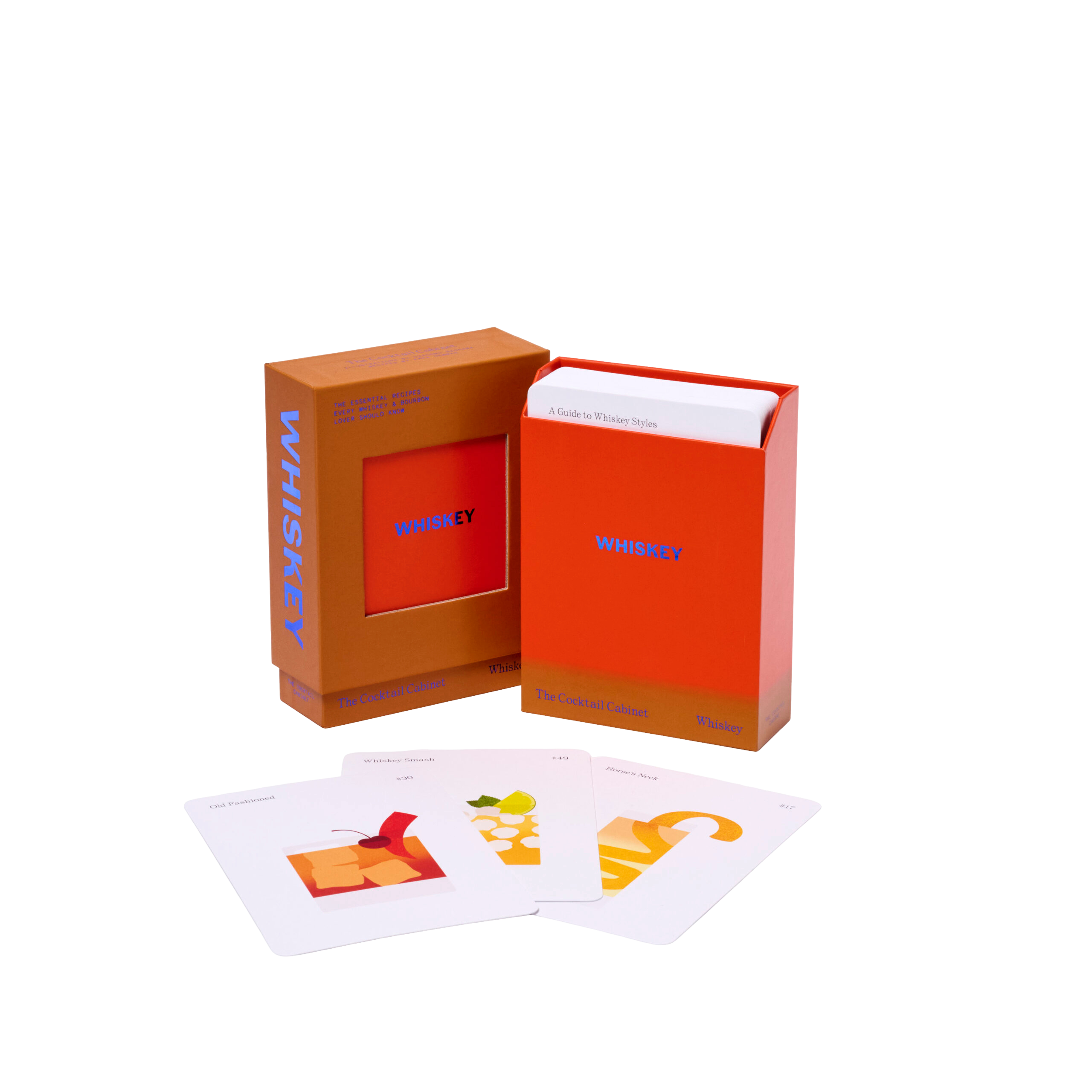 The Cocktail Cabinet: Whisky is displayed in an orange and red box with a stack of cards inside. Three illustrated cocktail recipe cards are spread out in front of the box on a white background. Gate21.ee